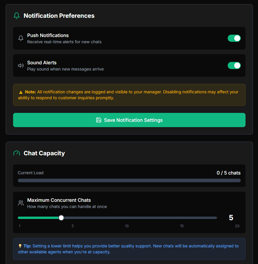 Agent dashboard settings