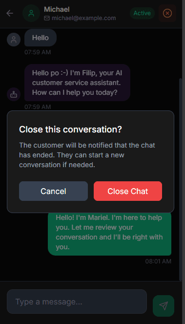 Closing the chat screenshot