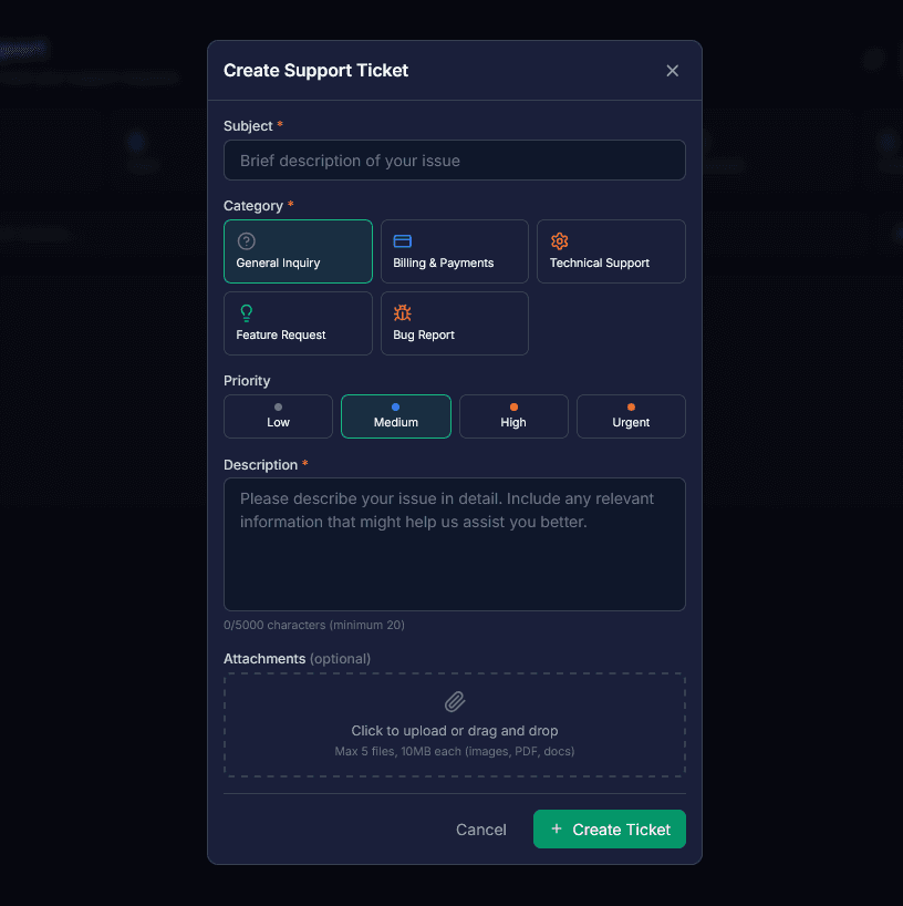 Create support ticket screenshot